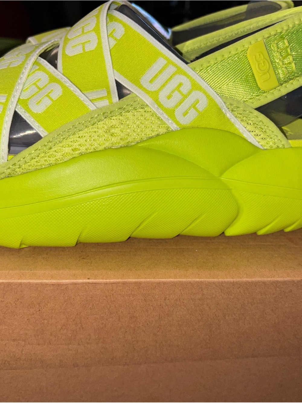 UGG women Neon Lime Slide Sandals with Logo Straps